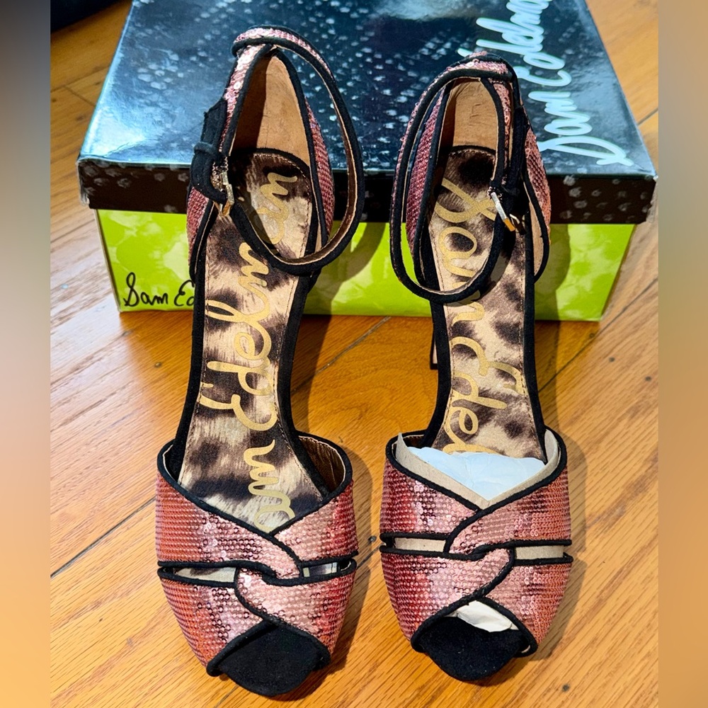 Sam Edelman Paisley Rose Gold Sequin Peep-Toe Ankle-Strap Heels sz 9 M